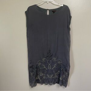 Carli Conti Silk Dress XS Charcoal Gray lines embroidered dress cap sleeves